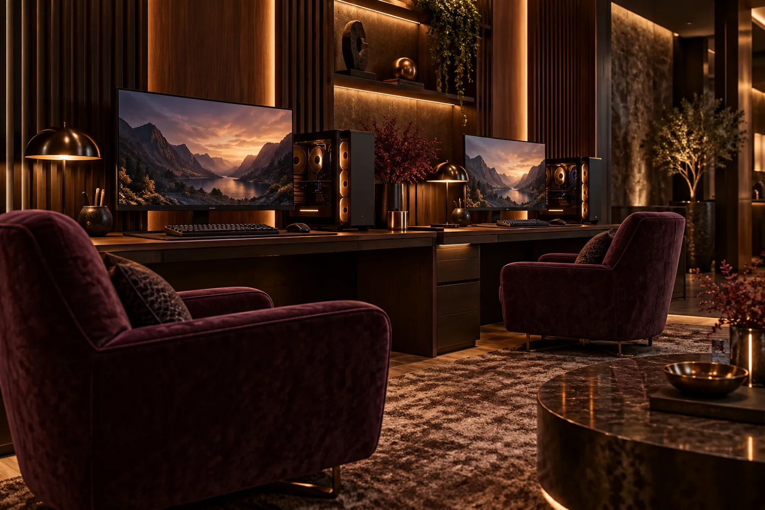 Composição de um lounge de jogo com cadeiras confortáveis e iluminação ambiente