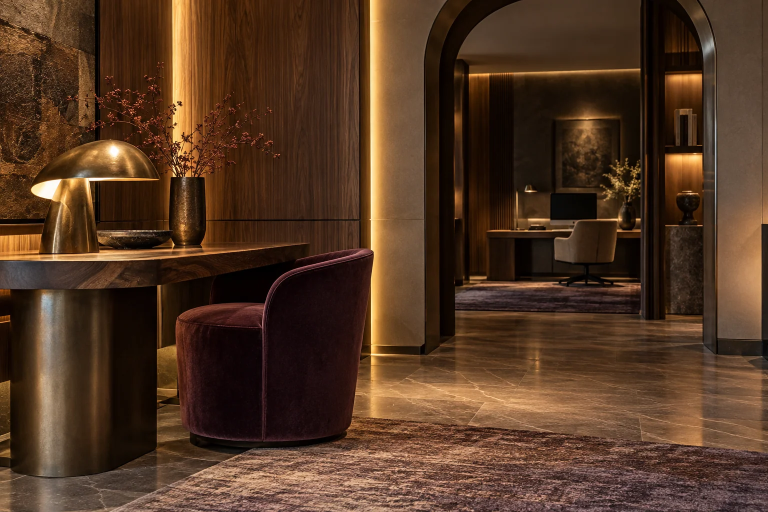 Ambiente conceptual de lounge com materiais nobres e iluminação acolhedora